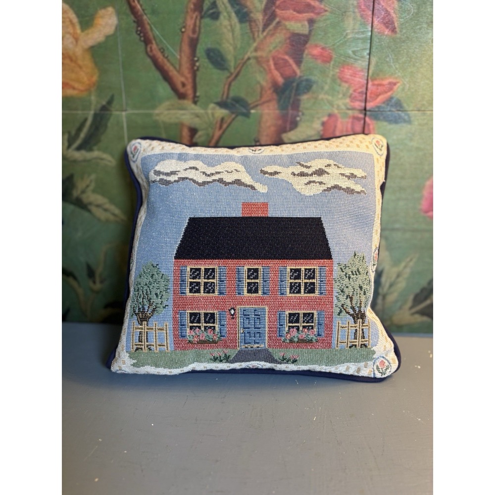 Vintage Needlepoint Colonial House Throw Pillow 12" Cottage Grandmillennial